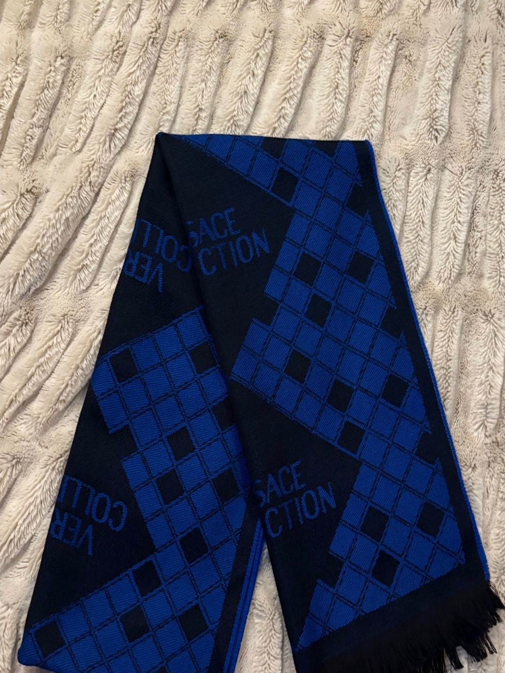 Versace Collection Blue & Black Diamond Check Knit Scarf